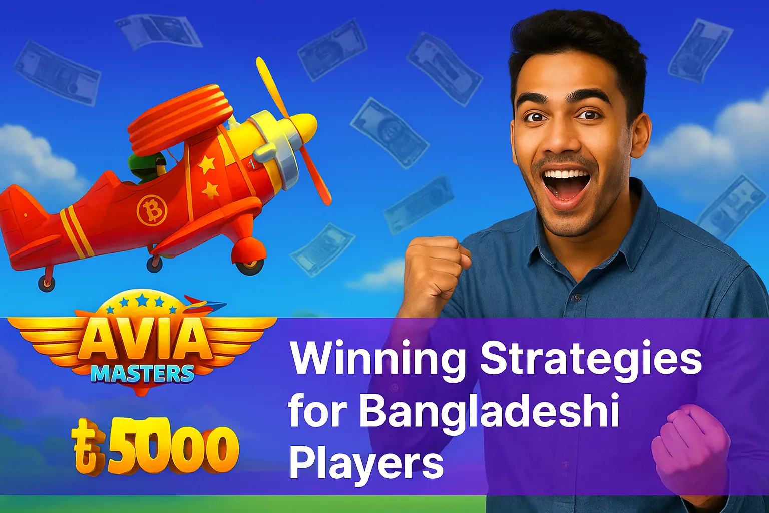 An excited player celebrates winning at Avia Masters, with text promoting 'Winning Strategies for Bangladeshi Players' and a ৳5000 bonus.