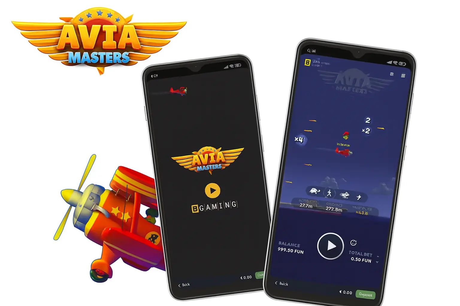 Screenshots of the Avia Masters mobile game, showing the loading screen and the active gameplay interface where the player bets on a flying plane.
