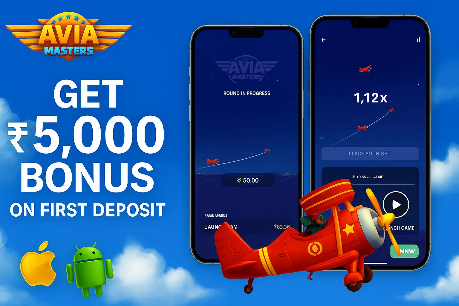 Avia Masters mobile app interface on two phones, with a promotion offering a ₹5,000 bonus on the first deposit for Indian players. Available on Apple and Android.