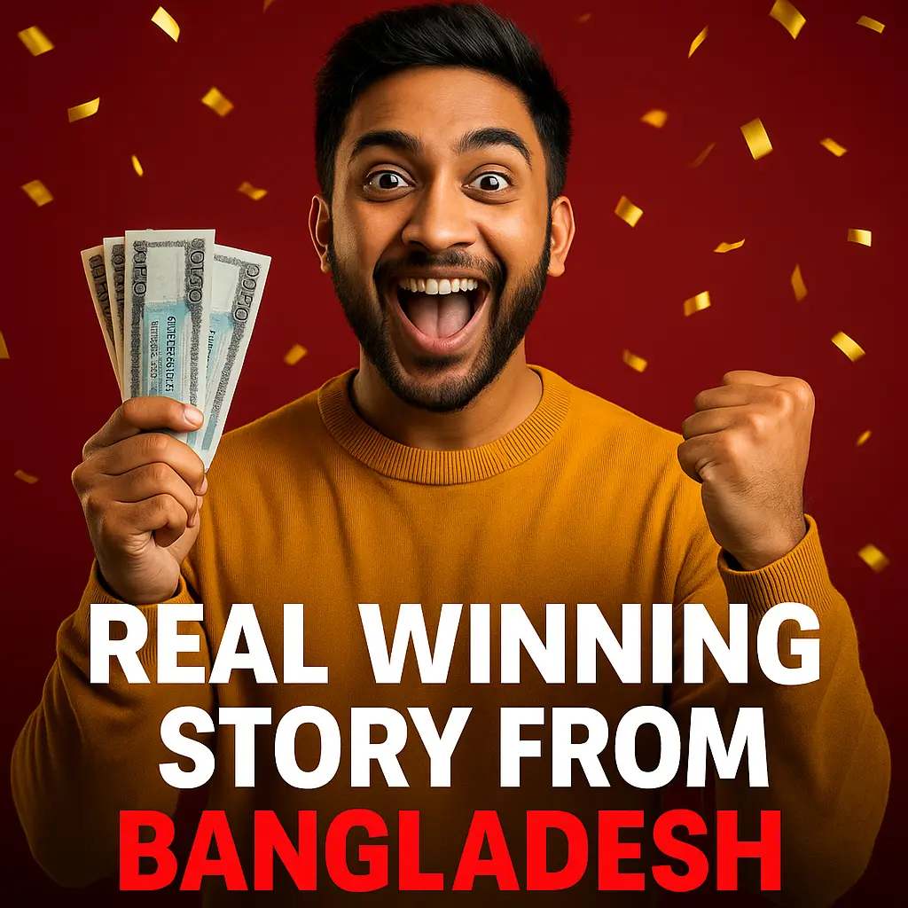 A very happy player from Bangladesh holding winning money, illustrating a 'Real Winning Story from Bangladesh' with the Avia Masters game.