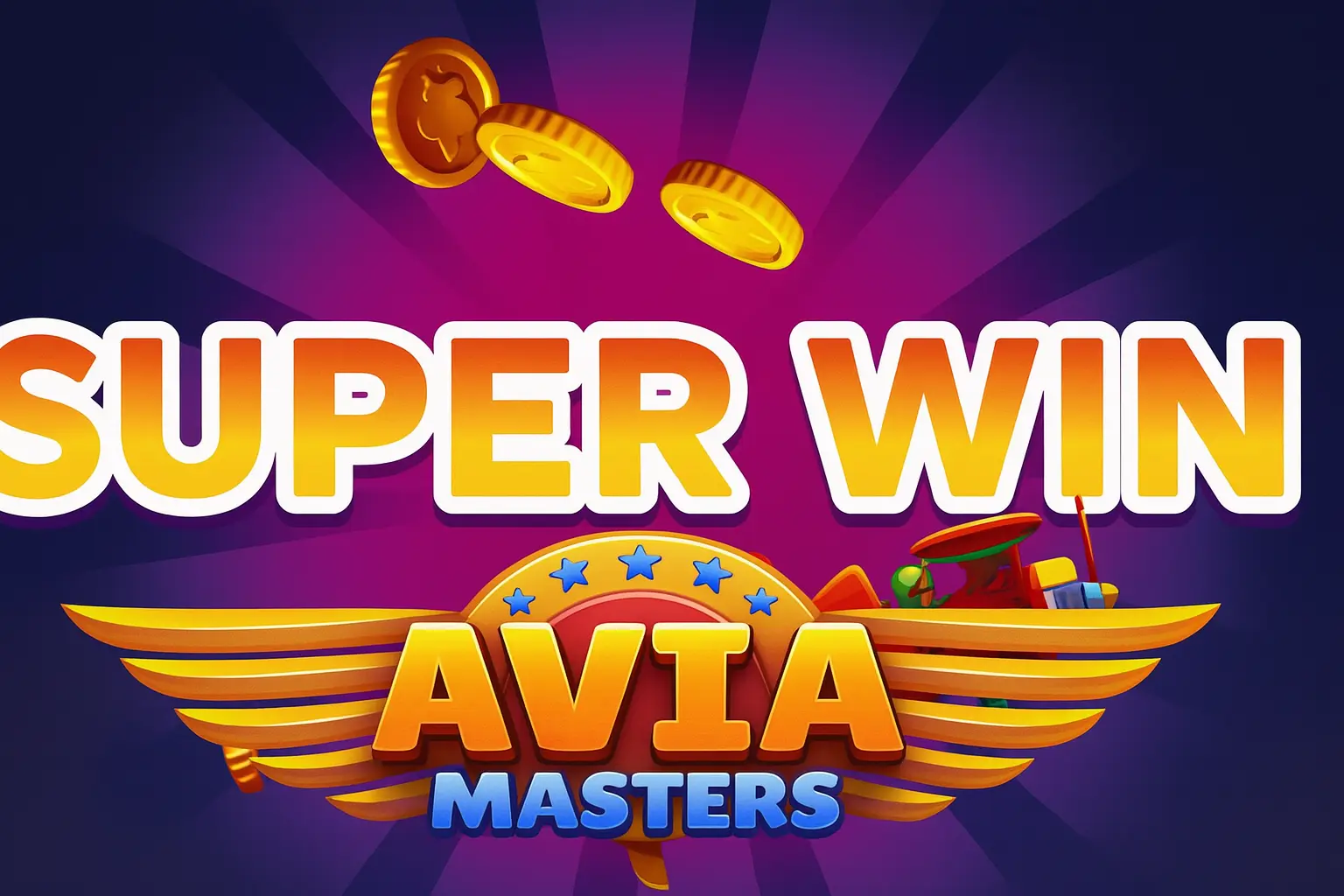 A graphic celebrating a 'SUPER WIN' in the Avia Masters game, with the game logo and gold coins.