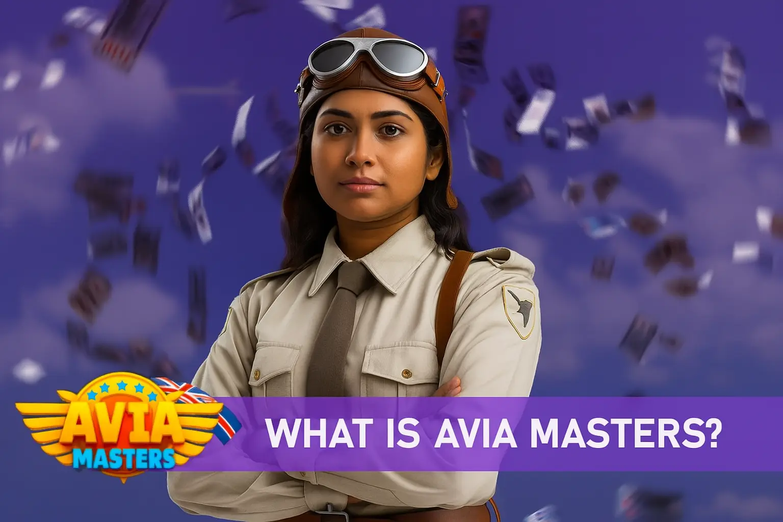 A female pilot in vintage aviator gear with the Avia Masters logo and the text 'WHAT IS AVIA MASTERS?' promoting the online game.